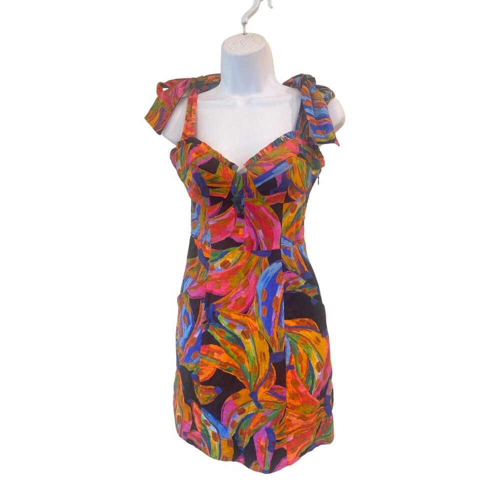 Farm Rio Rainbow Bananas Shoulder-Tie Mini Dress XS Linen - Picture 9 of 14
